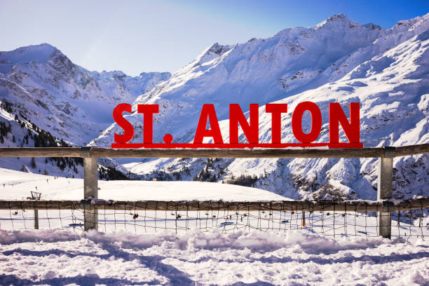 st. anton sign in the mountains - lechtal alps imagens e fotografias de stock
