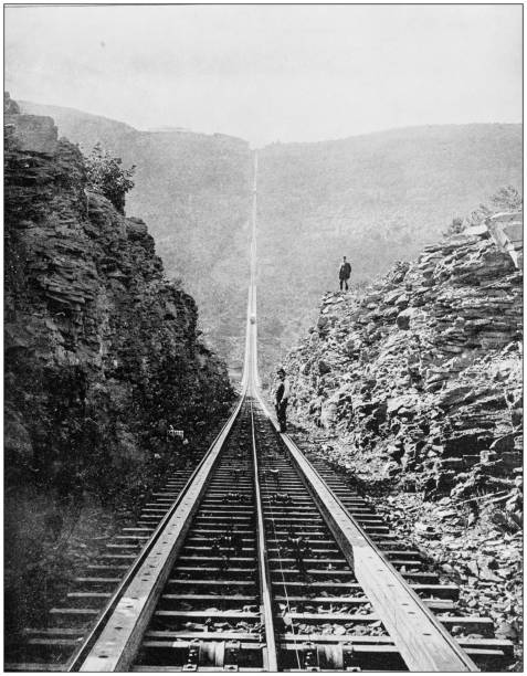 Antique photograph of World's famous sites: Otis rail road, Catskill mountains Antique photograph of World's famous sites: Otis rail road, Catskill mountains railroad track photos stock illustrations
