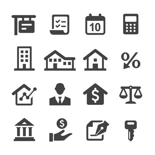 hypotheken sie-icons - acme-serie - loan house calculator currency stock-grafiken, -clipart, -cartoons und -symbole