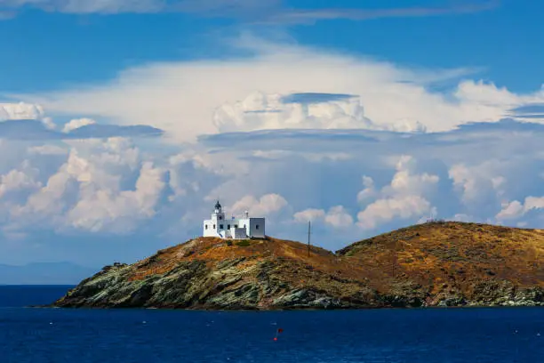 Lighthouse in Korissia, the port of Kea island in Greece.