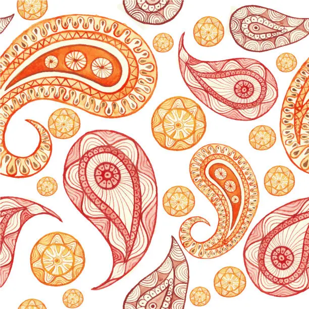 Vector illustration of Watercolor seamless pattern on Indian theme, turkish cucumber in red and orange colors, for decorating walls, fabric, printed products on a white background