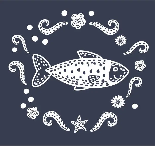 Vector illustration of Black and white illustration of fish.