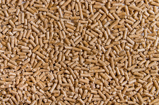 Biofuels. Alternative biofuel from sawdust. Wood pellets background. The cat litter.