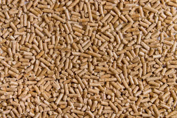 Photo of Biofuels. Alternative biofuel from sawdust. Wood pellets background. The cat litter.