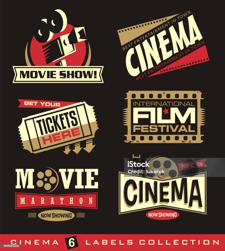 Cinema and movies set of labels, emblems, banners and design elements Cinema and movies set of labels, emblems, banners and design elements.  Vector cinema illustration creative stickers and signs collection. Movie Theater stock vector