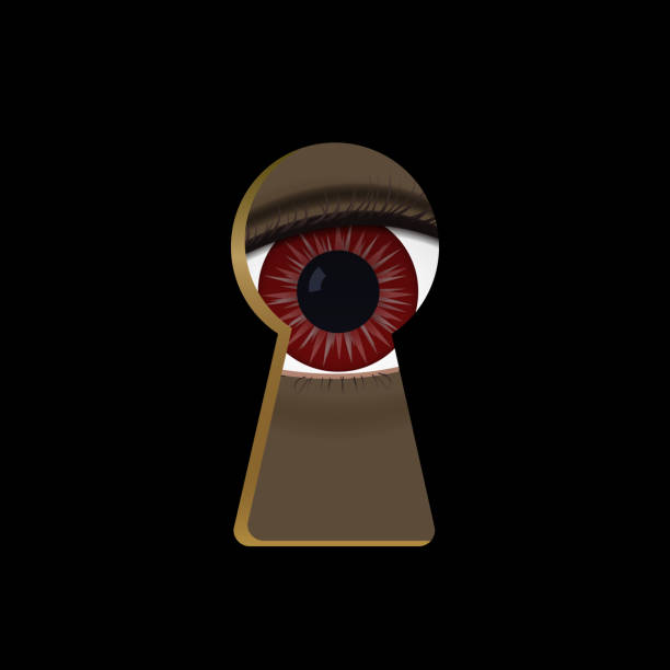 ilustrações, clipart, desenhos animados e ícones de olhos vermelhos no buraco do fechadura. monstro. - keyhole peeking human eye curiosity