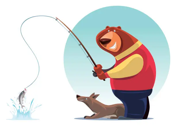 Vector illustration of bear fishing with wolf