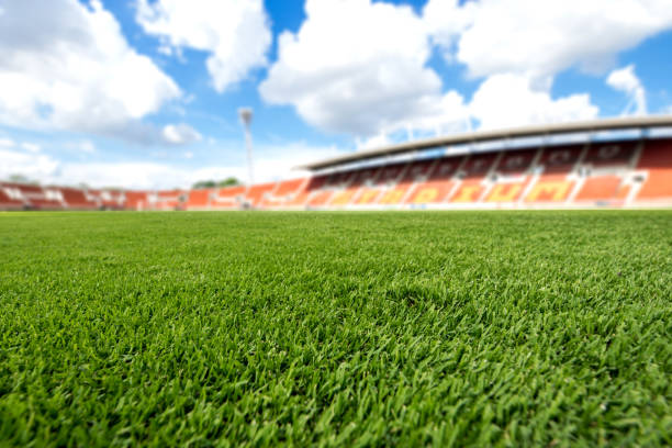 palla da campo da calcio su erba verde, trama sfondo campo da calcio - campo da calcio foto e immagini stock