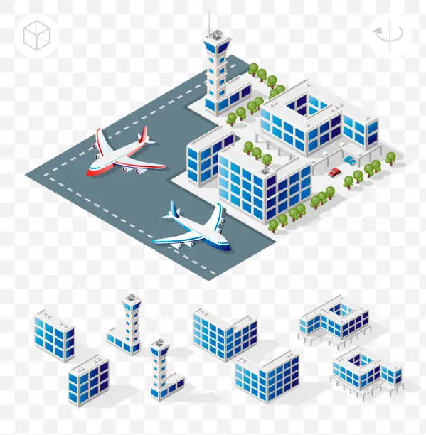 Vector illustration of Isometric High Quality City Element with 45 Degrees Shadows on Transparent Background . Airport
