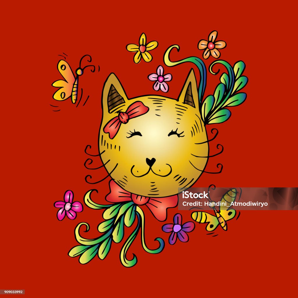 Kartun Kucing Lucu Dengan Bunga Ilustrasi Stok - Unduh Gambar Sekarang