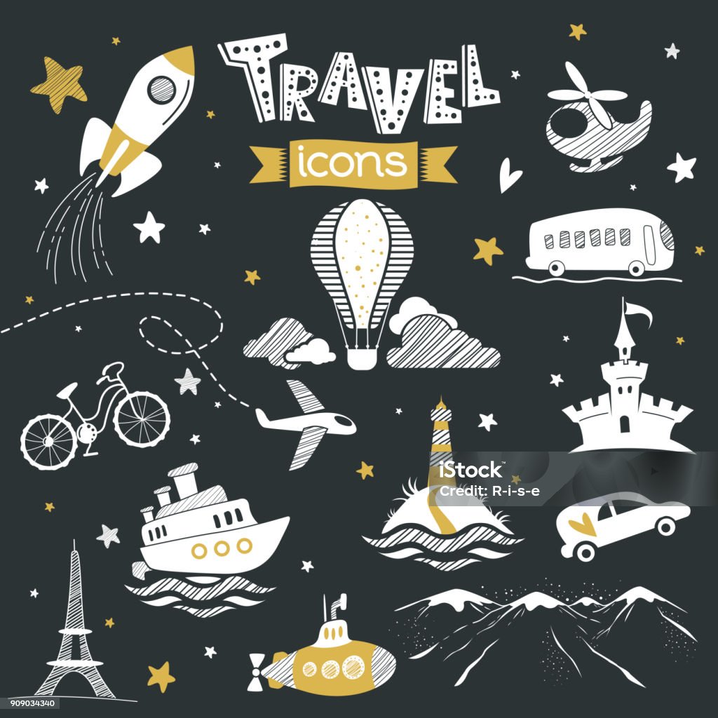 Set of doodle travel icons Set of doodle travel icons. Tourism, transportation design. Vector illustration. Black background Airplane stock vector