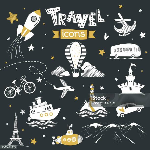 Set Of Doodle Travel Icons Stock Illustration - Download Image Now - Airplane, Cartoon, Vitality