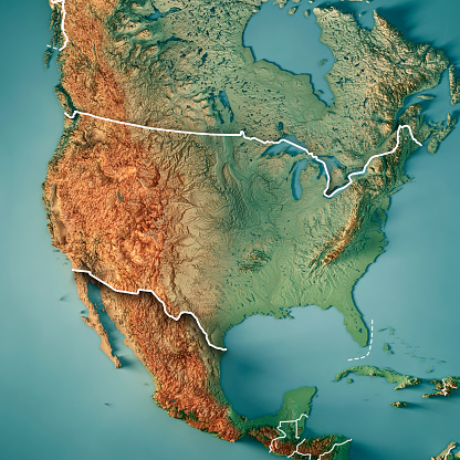 3D Render of a Topographic Map of the USA.\nAll source data is in the public domain.\nColor texture: Made with Natural Earth. \nhttp://www.naturalearthdata.com/downloads/10m-raster-data/10m-cross-blend-hypso/\nBoundaries Level 0: Humanitarian Information Unit HIU, U.S. Department of State (database: LSIB)\nhttp://geonode.state.gov/layers/geonode%3ALSIB7a_Gen\nRelief texture and Rivers: SRTM data courtesy of USGS. URL of source image: \nhttps://e4ftl01.cr.usgs.gov//MODV6_Dal_D/SRTM/SRTMGL1.003/2000.02.11/\nWater texture: SRTM Water Body SWDB:\nhttps://dds.cr.usgs.gov/srtm/version2_1/SWBD/