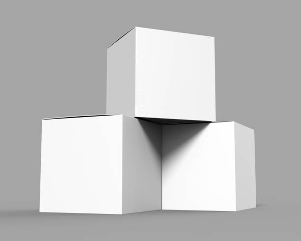 scatola di cartone di cartone per prodotti a cubo bianco bianco bianco. illustrazione di rendering 3d. - box white cube blank foto e immagini stock