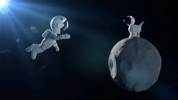 Photo of floating cartoon astronaut character and a cute space dog on asteroid in white space suits (3d illustration)