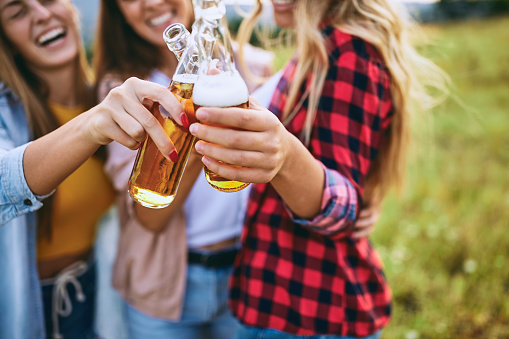 Teenage girlfriends cheering and drinking alcohol while standing in the meadow.