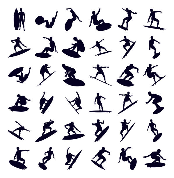 A big set of high quality silhouettes of a surfer on his surfboard