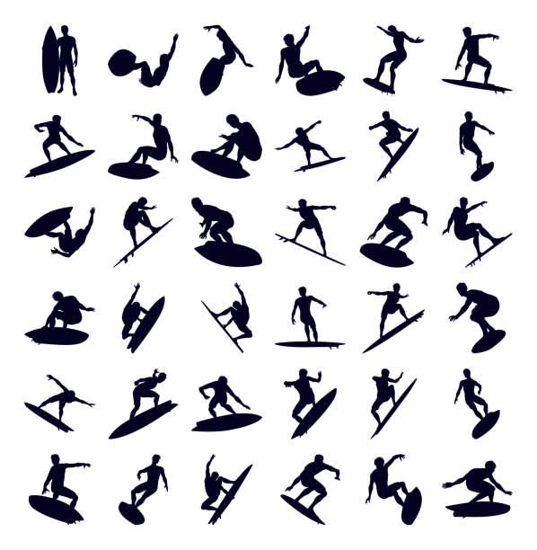 High Quality Surfer Silhouettes A big set of high quality silhouettes of a surfer on his surfboard surfing stock illustrations