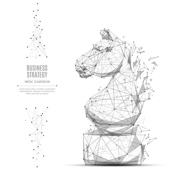 CHESS HORSE LOW POLY BLUE Abstract mash line and point CHESS HORSE origami on white background with an inscription. Starry sky or space, consisting of stars and the universe. Vector strategy illustration knights templar symbols stock illustrations