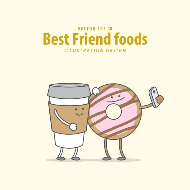 Vector illustration of Cartoon character of Coffee, Donut illustration vector on pale yellow background. Best friend foods concept.