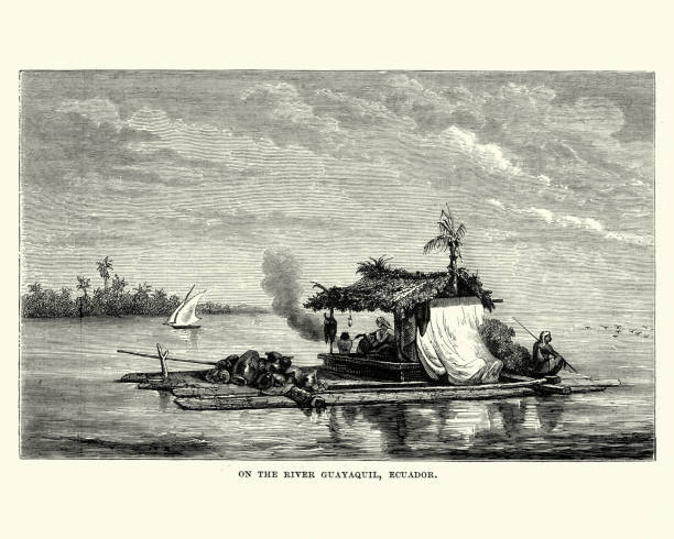 ilustrações de stock, clip art, desenhos animados e ícones de raft on the river guayaquil , ecuador, 19th century - wooden raft