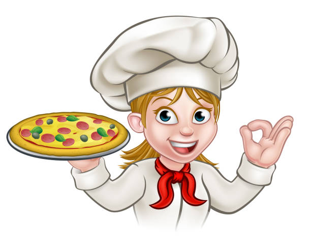 cartoon chef frau und pizza - catering stock-grafiken, -clipart, -cartoons und -symbole