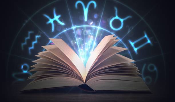 istock Open shining astrology book with zodiac signs above. 3D rendered illustration. 909046076