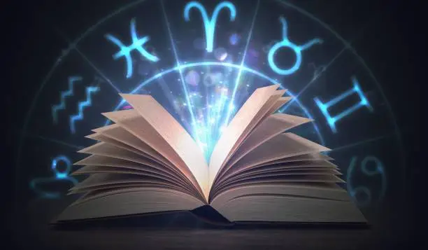 Photo of Open shining astrology book with zodiac signs above. 3D rendered illustration.