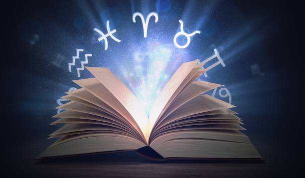 istock Open shining astrology book with zodiac signs above. 3D rendered illustration. 909046084
