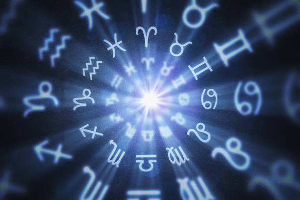 Abstract astrology background with zodiac signs in circle. 3D rendered illustration.