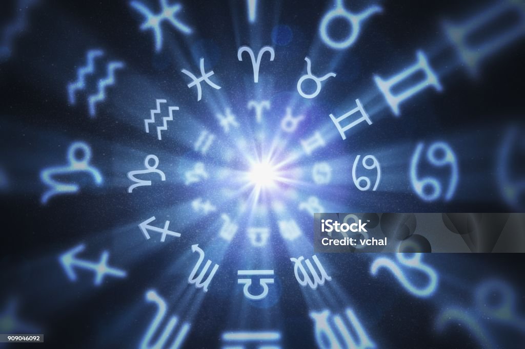 Abstract astrology background with zodiac signs in circle. 3D rendered illustration. Astrology Sign Stock Photo