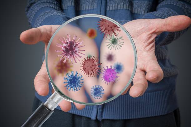 istock Hygiene concept. Man is showing dirty hands with many viruses and germs. 909046412