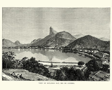 Vintage engraving of Botafogo Bay, Rio De Janeiro, Brazil 19th Century