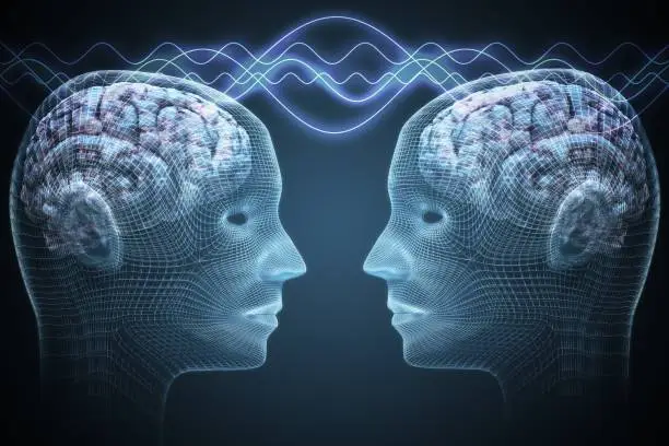 Photo of Telepathy concept. Two people are communicating. 3D rendered illustration.