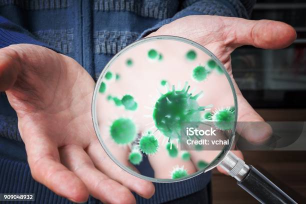 Concetto Di Igiene Luomo Mostra Mani Sporche Con Molti Virus E Germi - Fotografie stock e altre immagini di Mano