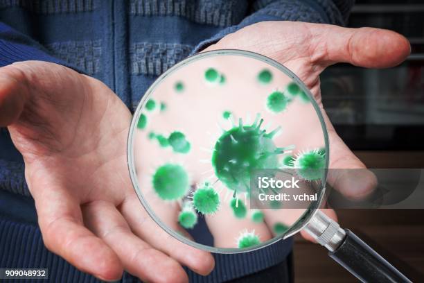 Hygiene Concept Man Is Showing Dirty Hands With Many Viruses And Germs Stock Photo - Download Image Now