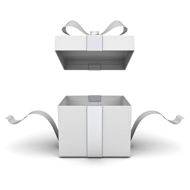 Open gift box , present box with silver ribbon and bow isolated on white background with shadow