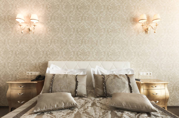 Interior of double bed hotel bedroom