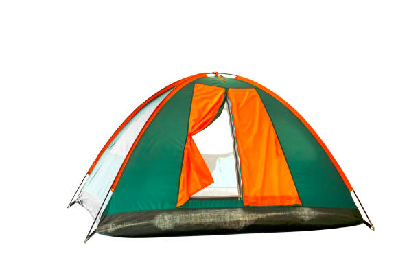 Isolated green and orange dome tent on white with clipping path