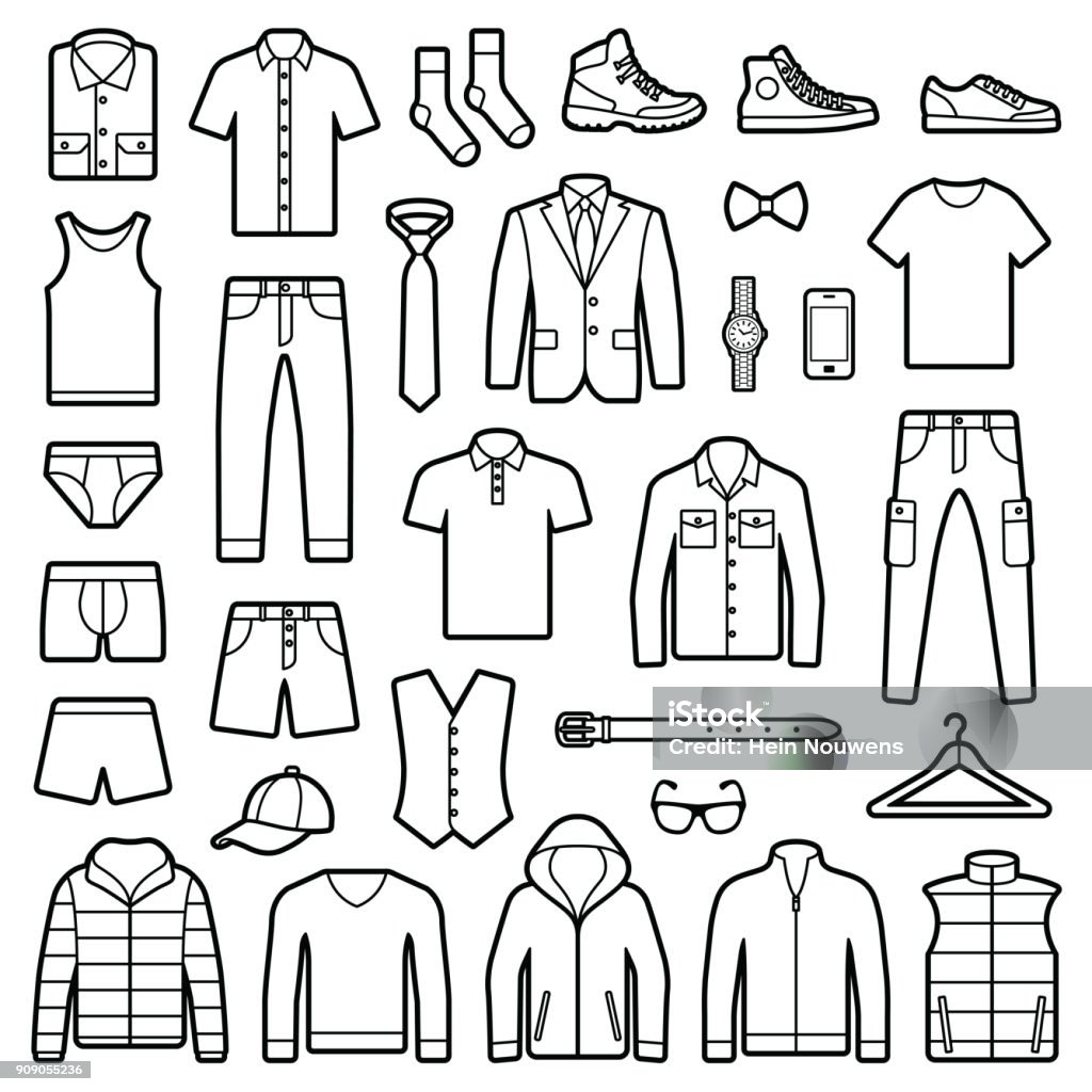 Man clothes and accessories Man clothes and accessories collection - fashion wardrobe - vector icon outline illustration Clothing stock vector