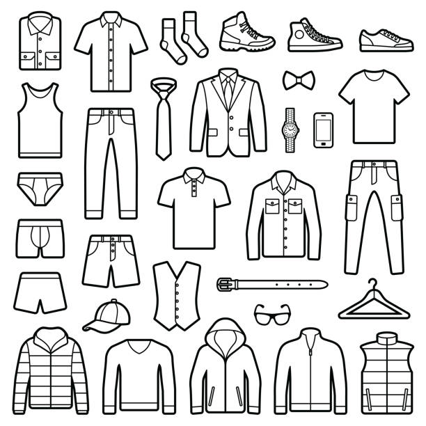 Man clothes and accessories Man clothes and accessories collection - fashion wardrobe - vector icon outline illustration dress illustrations stock illustrations
