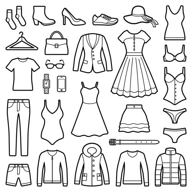 illustrations, cliparts, dessins animés et icônes de accessoires et vêtements femme - skirt consumerism jeans pants