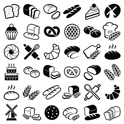 Bakery icon collection - vector outline illustration and silhouette