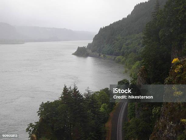 Columbia Gorge And Railroad Tracks Stock Photo - Download Image Now - Cliff, Color Image, Columbia - Oregon