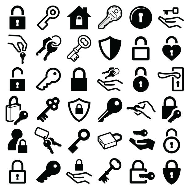 schloss und schlüssel-symbole - schlüssel stock-grafiken, -clipart, -cartoons und -symbole