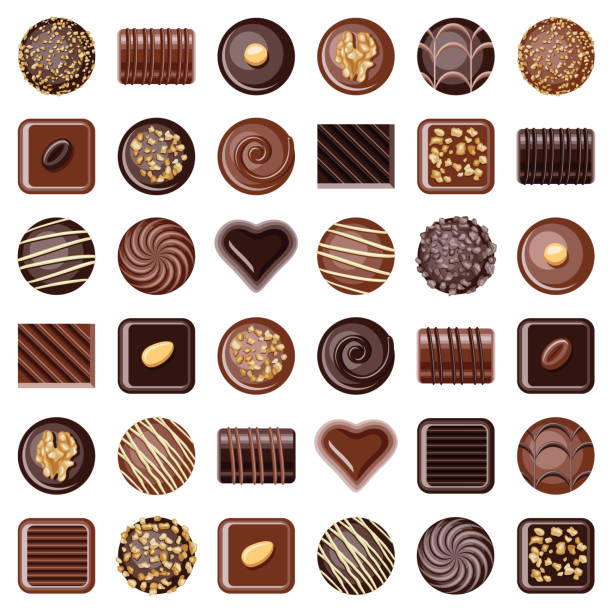 Chocolate pralines Chocolate pralines candies icon collection - vector color illustration chocolate stock illustrations