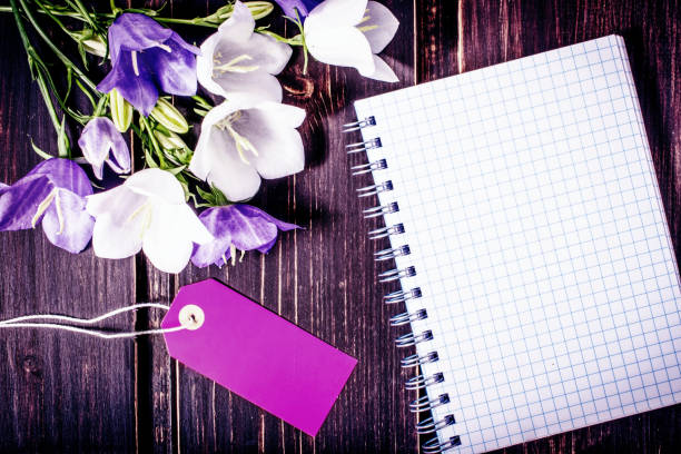 istock Spring flowers close-up with blank note book, copy space and pin 909061148
