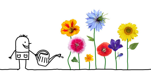 istock Cartoon Gardener Watering Flowers 909063174