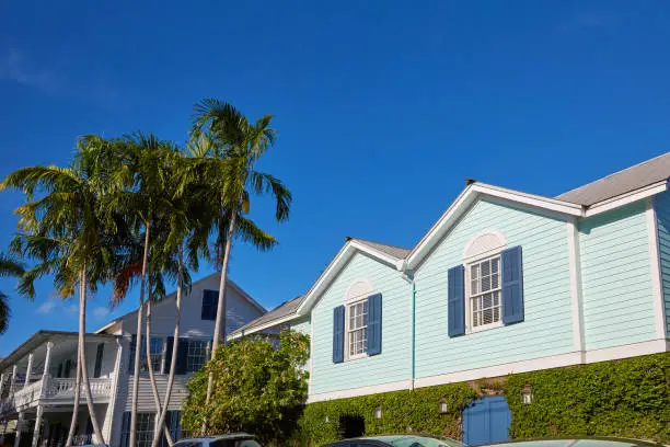 Key west downtown street houses facades in Florida USA