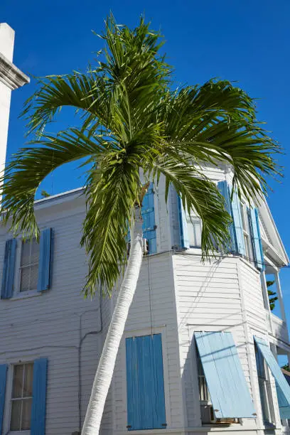 Key west downtown street houses facades in Florida USA